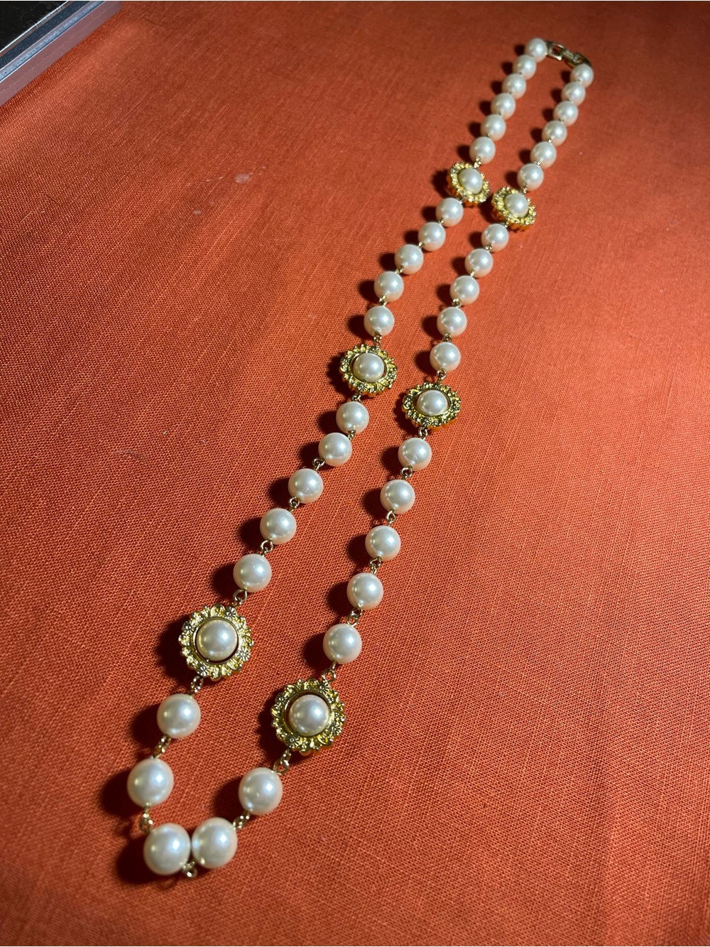 Napier Gold and White Faux Pearl Necklace with Floral Medallions